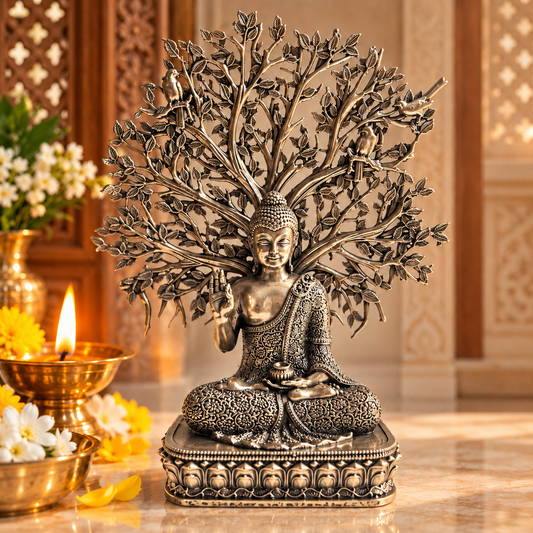 Buddha under the Bodhi Tree - Ashtadatu White Brass